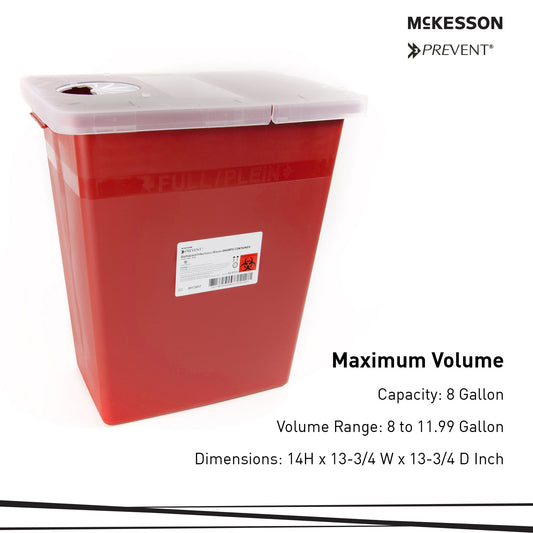 Sharps Container McKesson Prevent Red Base 13-3/4 W X 13-3/4 D X 14 H Inch Horizontal / Vertical Entry 8 Gallon