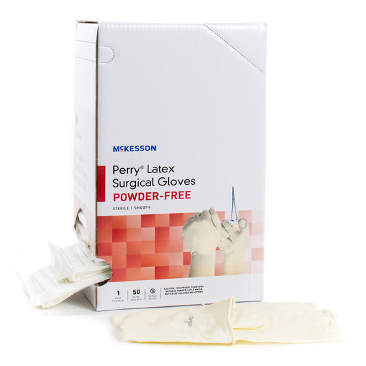 McKesson Perry Performance Plus Surgical Gloves Size 8 Sterile Latex Standard Cuff Length Smooth Cream Chemo Tested 50 Pairs per Box