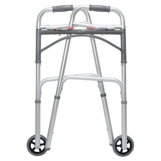 Dual Release Folding Walker with Wheels Adjustable Height McKesson Aluminum Frame 350 lbs. Weight Capacity 32 to 39 Inch Height
