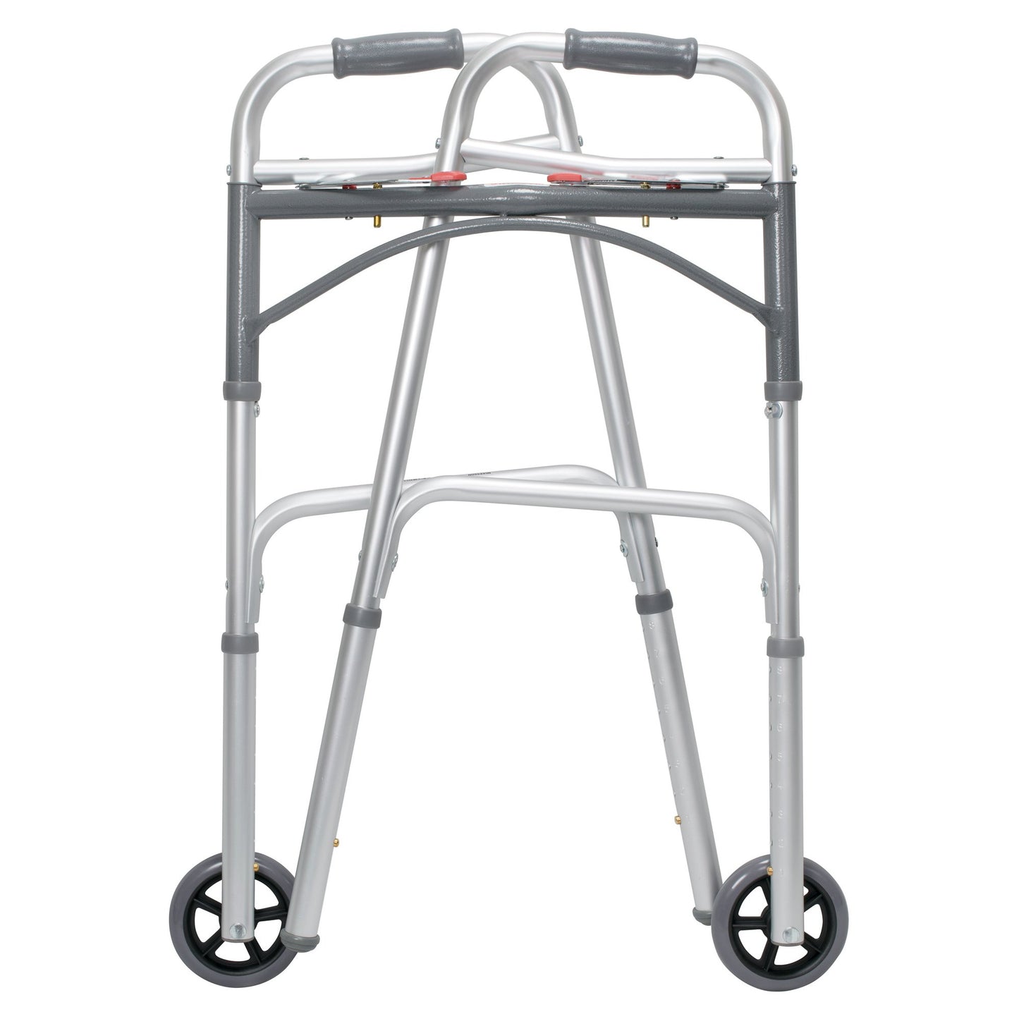 Dual Release Folding Walker with Wheels Adjustable Height McKesson Aluminum Frame 350 lbs. Weight Capacity 32 to 39 Inch Height