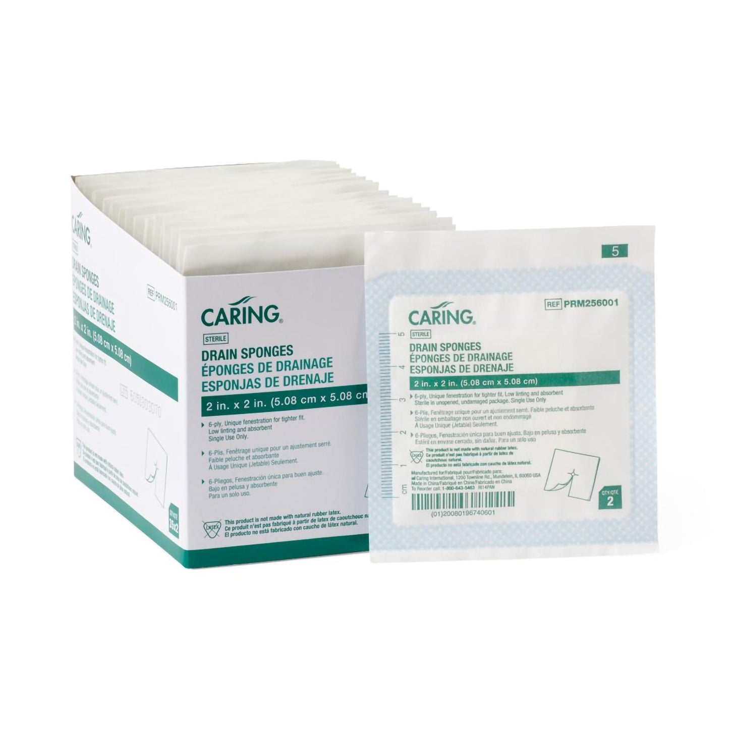 Caring® Drain Sponge, 2 x 2 Inch, 6-Ply
