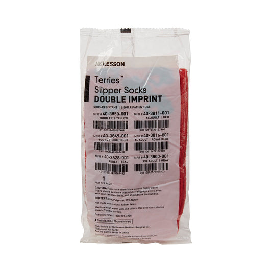 Slipper Socks McKesson Terries Unisex Adult X-Large Double Tread Single Patient Use Red