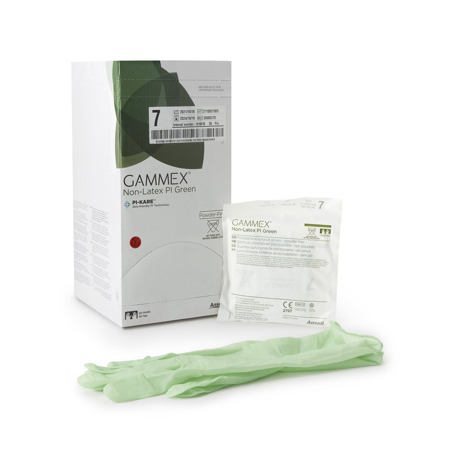 Gammex® Non-Latex PI Green Polyisoprene Surgical Glove, Size 7, Light Green