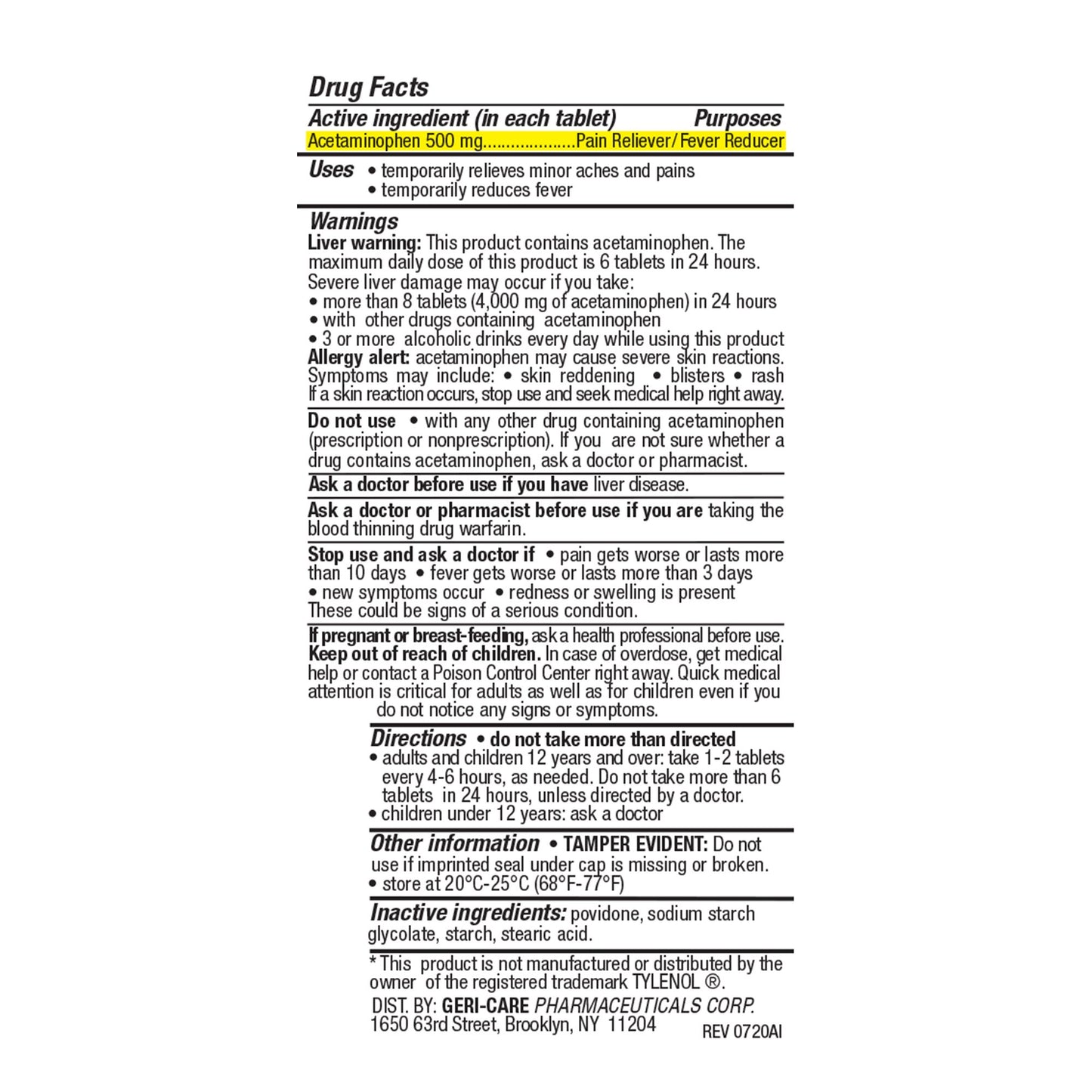 ACETAMINOPHEN, TAB 500MG (50/BT 12BT/CS)