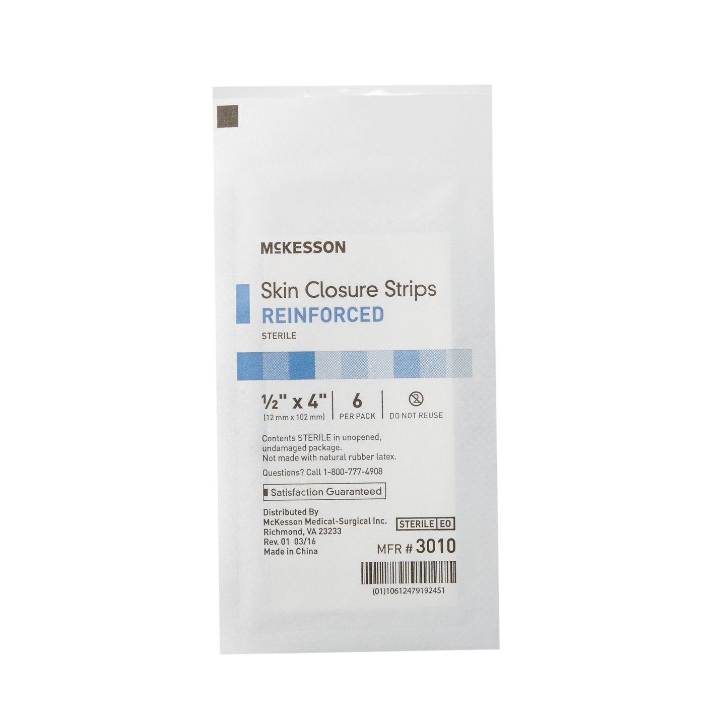 McKesson Skin Closure Strip 1/2 X 4 Inch Nonwoven Material Reinforced Strip White