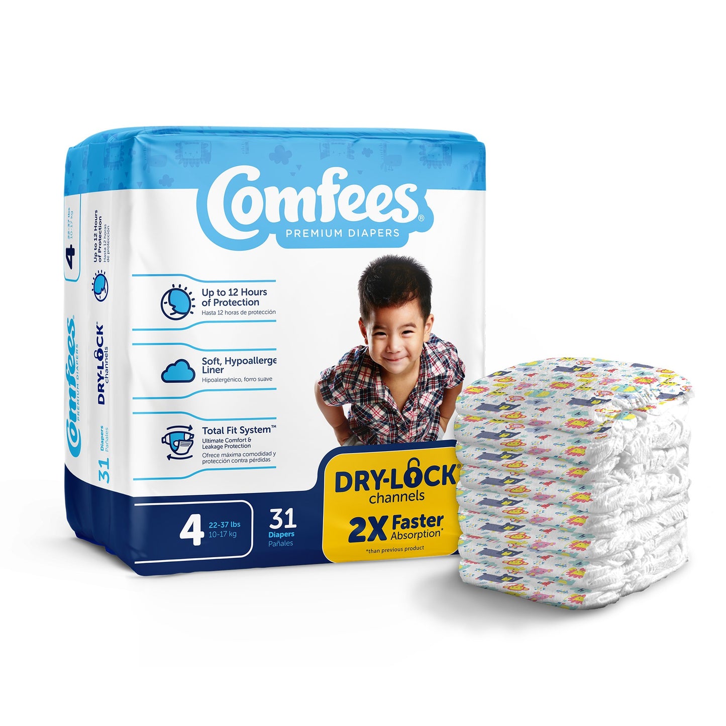 Attends Comfees Premium Baby Diapers, Tab Closure, Kid Design, Size 4