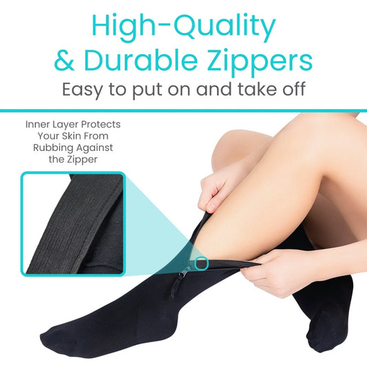 Zippered Knee High Compression Stockings 15-20mmHg