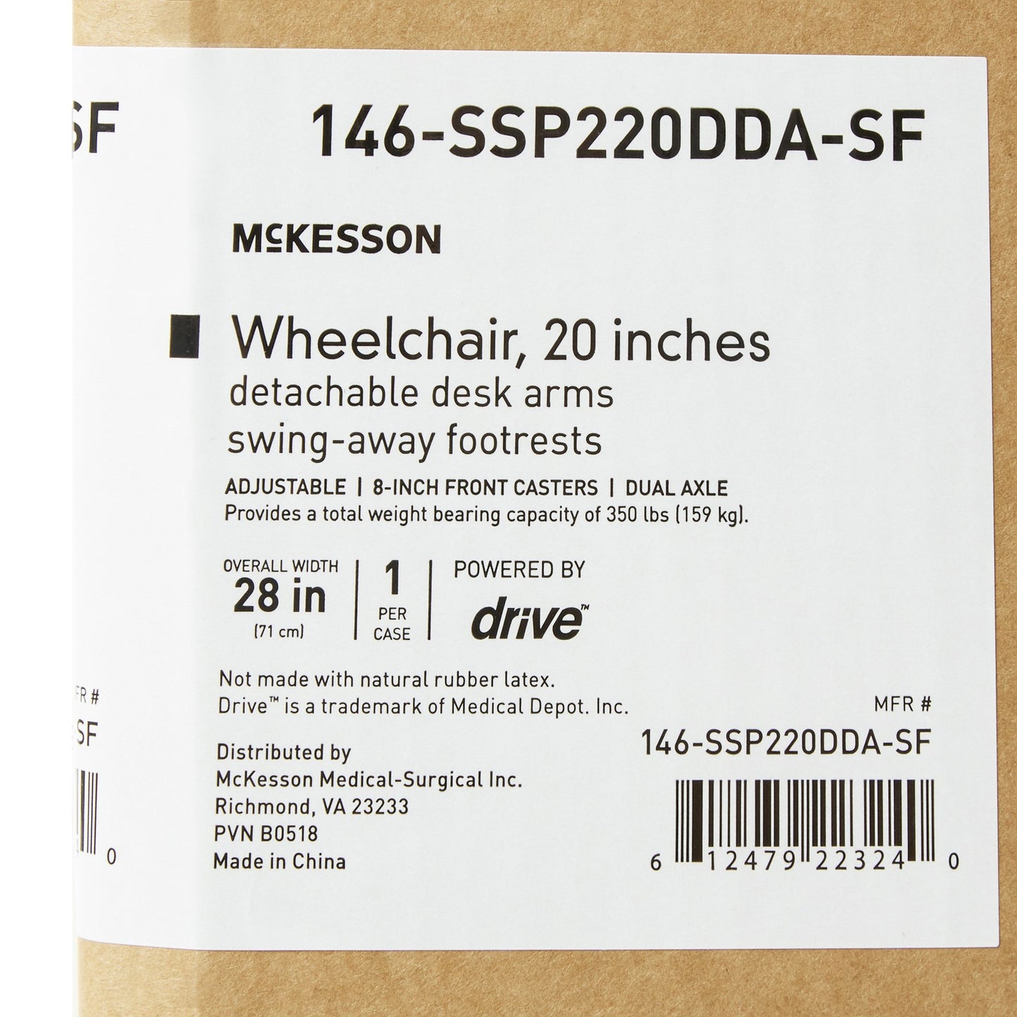 Wheelchair McKesson Dual Axle Desk Length Arm Swing-Away Footrest Black Upholstery 20 Inch Seat Width Adult 350 lbs. Weight Capacity
