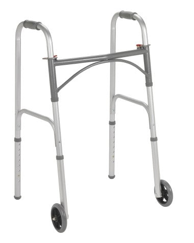 Dual Release Folding Walker with Wheels Adjustable Height Steel Frame 350 lbs. Weight Capacity 32 to 39 Inch Height