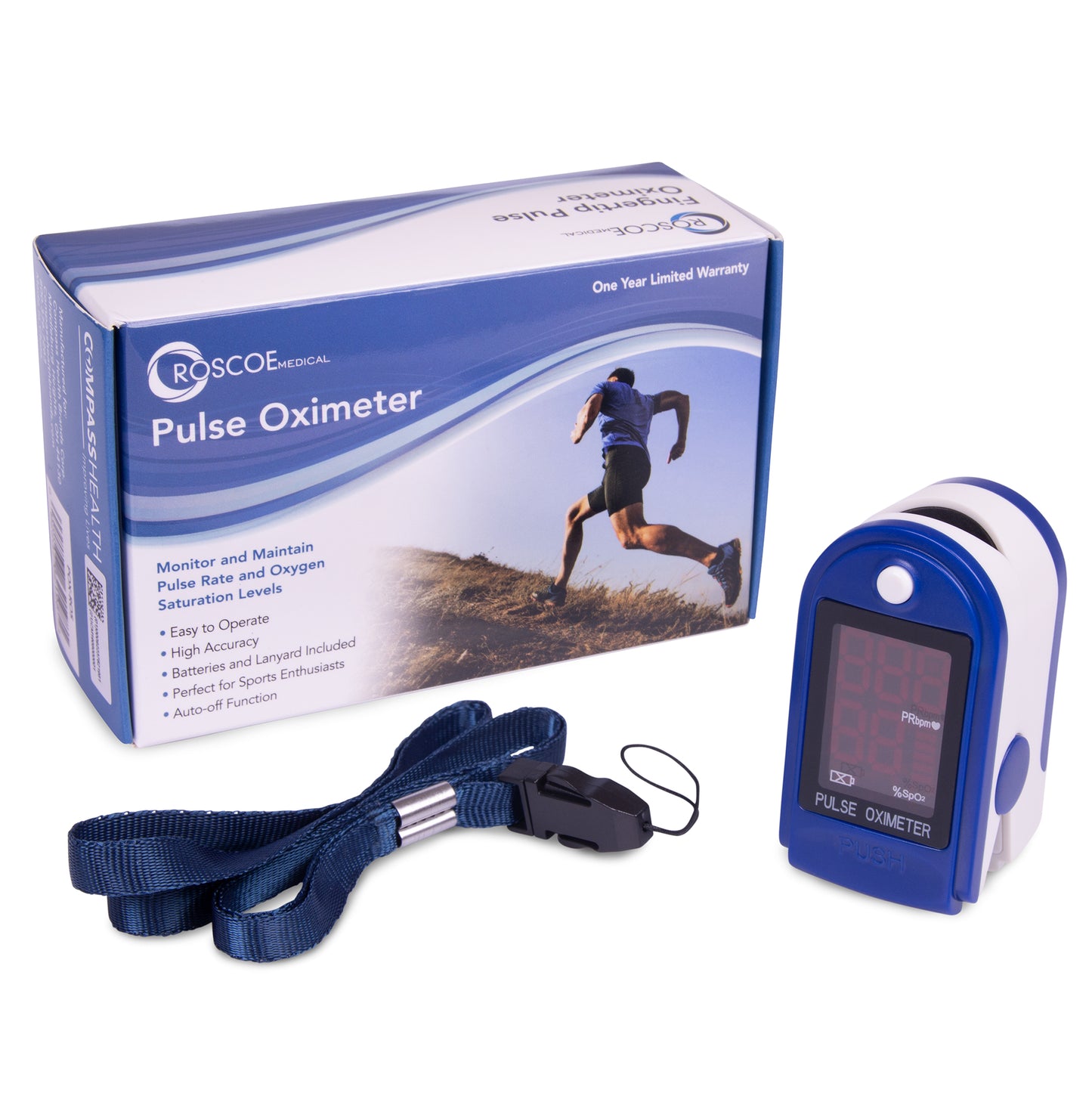 ROSCOE FINGERTIP PULSE OXIMETER, INCLUDES LANYARD
