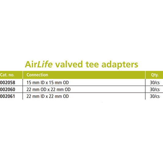 ADAPTER, VALVED T 22MM ID/OD (30/CS)