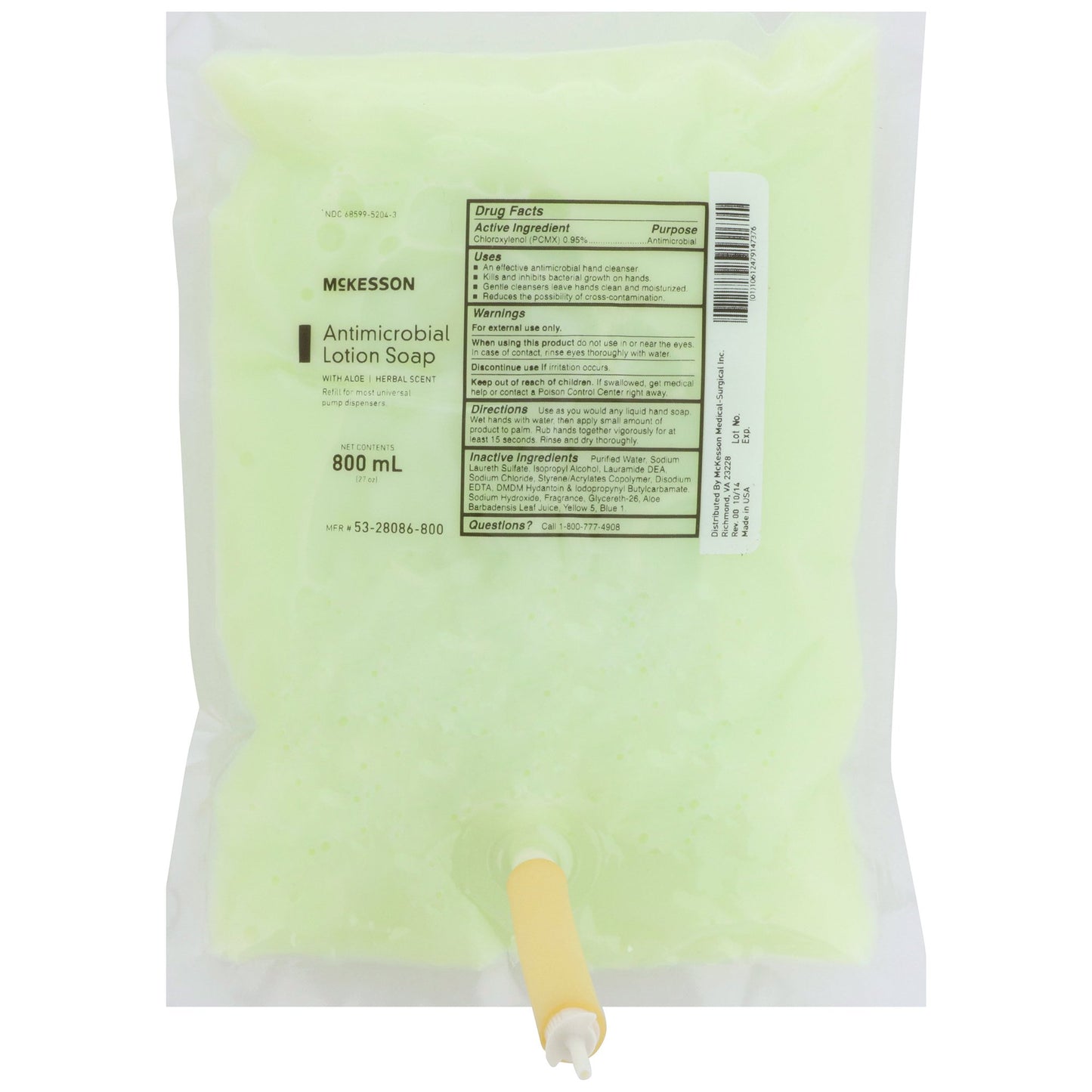 McKesson Antimicrobial Lotion Soap, Herbal Scent, 800 mL, Dispenser Refill Bag