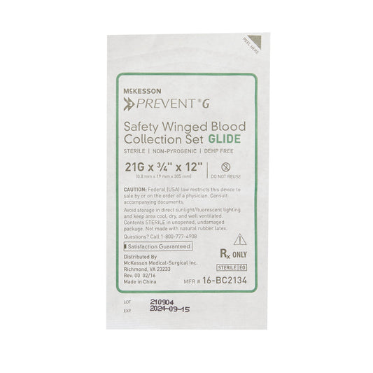 McKesson Prevent G Blood Collection Set 21 Gauge 3/4 Inch Needle Length Safety Needle 12 Inch Tubing Sterile