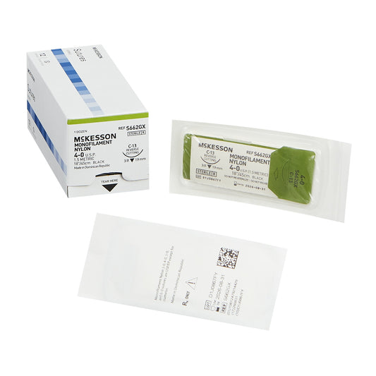Nonabsorbable Suture with Needle McKesson Nylon C-13 3/8 Circle Reverse Cutting Needle Size 4-0 Monofilament