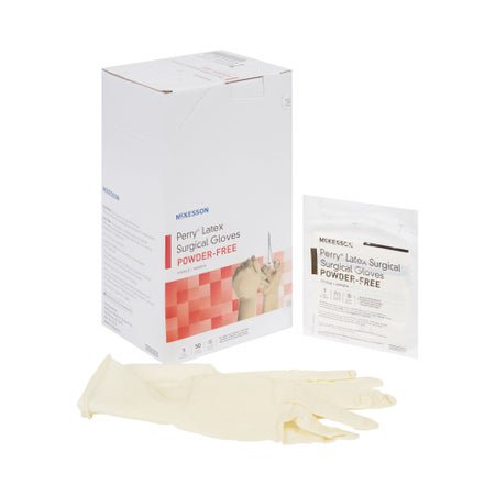 McKesson Perry Performance Plus Surgical Gloves Size 7.5 Sterile Latex Standard Cuff Length Smooth Cream Chemo Tested 50 Pairs per Box