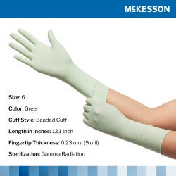 McKesson Perry Performance Plus Surgical Gloves Size 6 Sterile Polyisoprene Smooth Green Chemo Tested 50 Pairs per Box