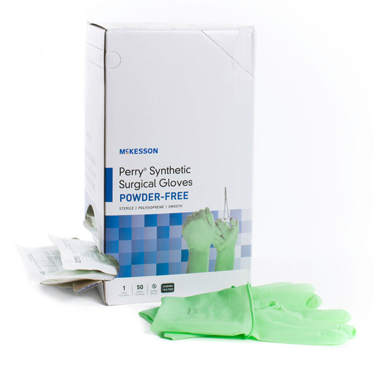 McKesson Perry Performance Plus Surgical Gloves Size 7 Sterile Polyisoprene Standard Cuff Length Smooth Green Chemo Tested 50 Pairs per Box