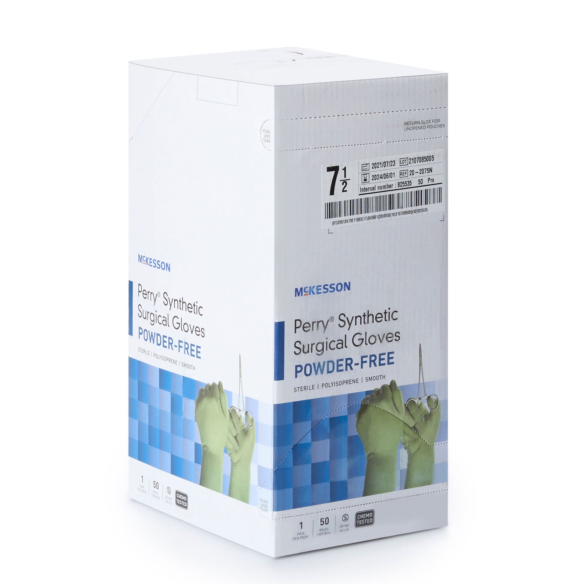 McKesson Perry Performance Plus Surgical Gloves Size 7.5 Sterile Polyisoprene Standard Cuff Length Smooth Green Chemo Tested 50 Pairs per Box
