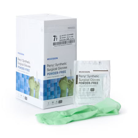 McKesson Perry Performance Plus Surgical Gloves Size 7.5 Sterile Polyisoprene Standard Cuff Length Smooth Green Chemo Tested 50 Pairs per Box
