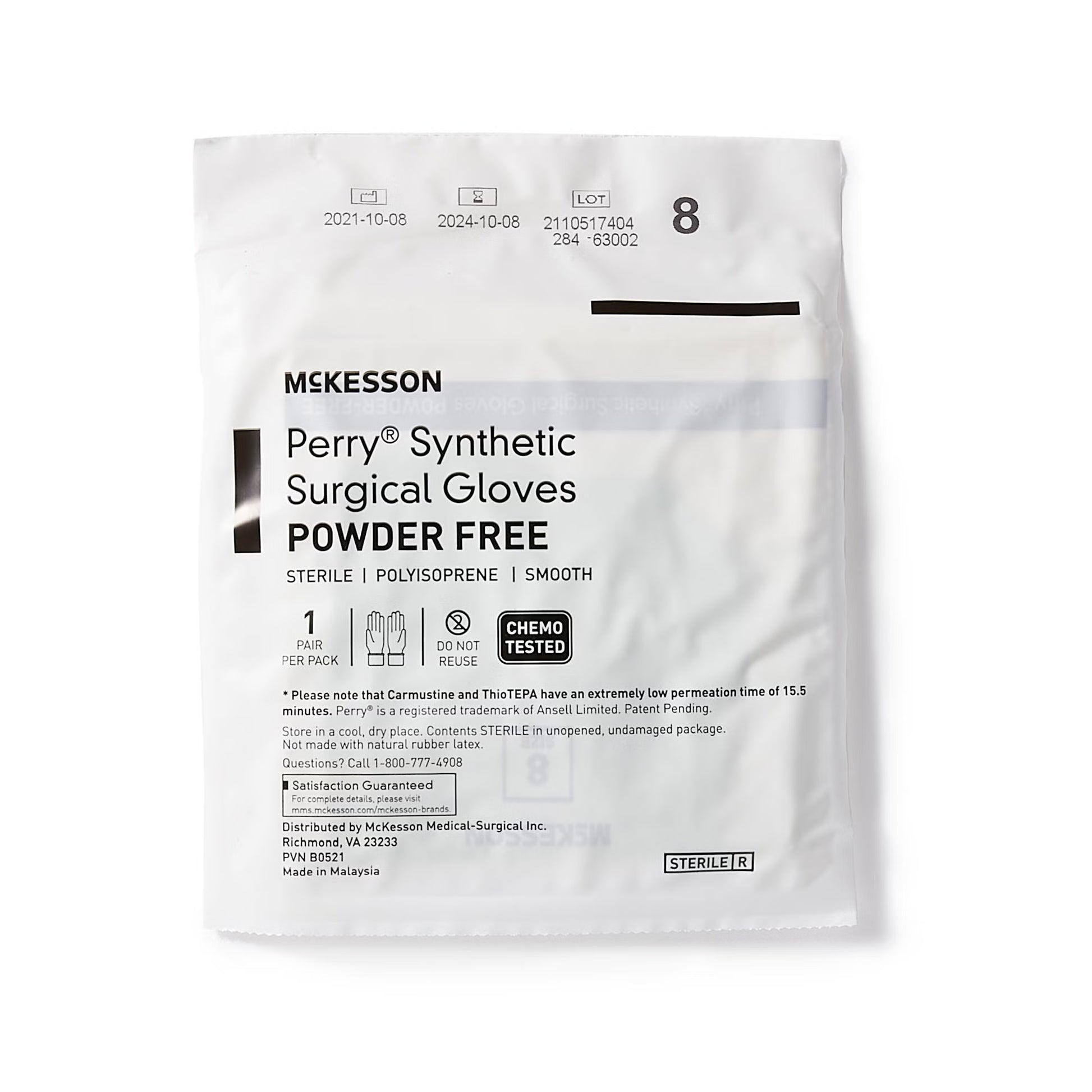McKesson Perry Performance Plus Surgical Gloves Size 8 Sterile Polyisoprene Standard Cuff Length Smooth Green Chemo Tested 50 Pairs per Box