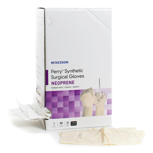 McKesson Perry Synthetic Surgical Gloves Size 6.5 Sterile Polychloroprene Standard Cuff Length Smooth Cream Chemo Tested 50 Pairs per Box