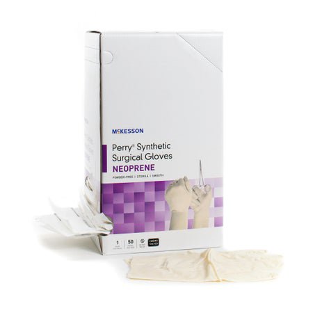 McKesson Perry Synthetic Surgical Gloves Size 8 Sterile Polychloroprene Standard Cuff Length Smooth Cream Chemo Tested 50 Pairs per Box