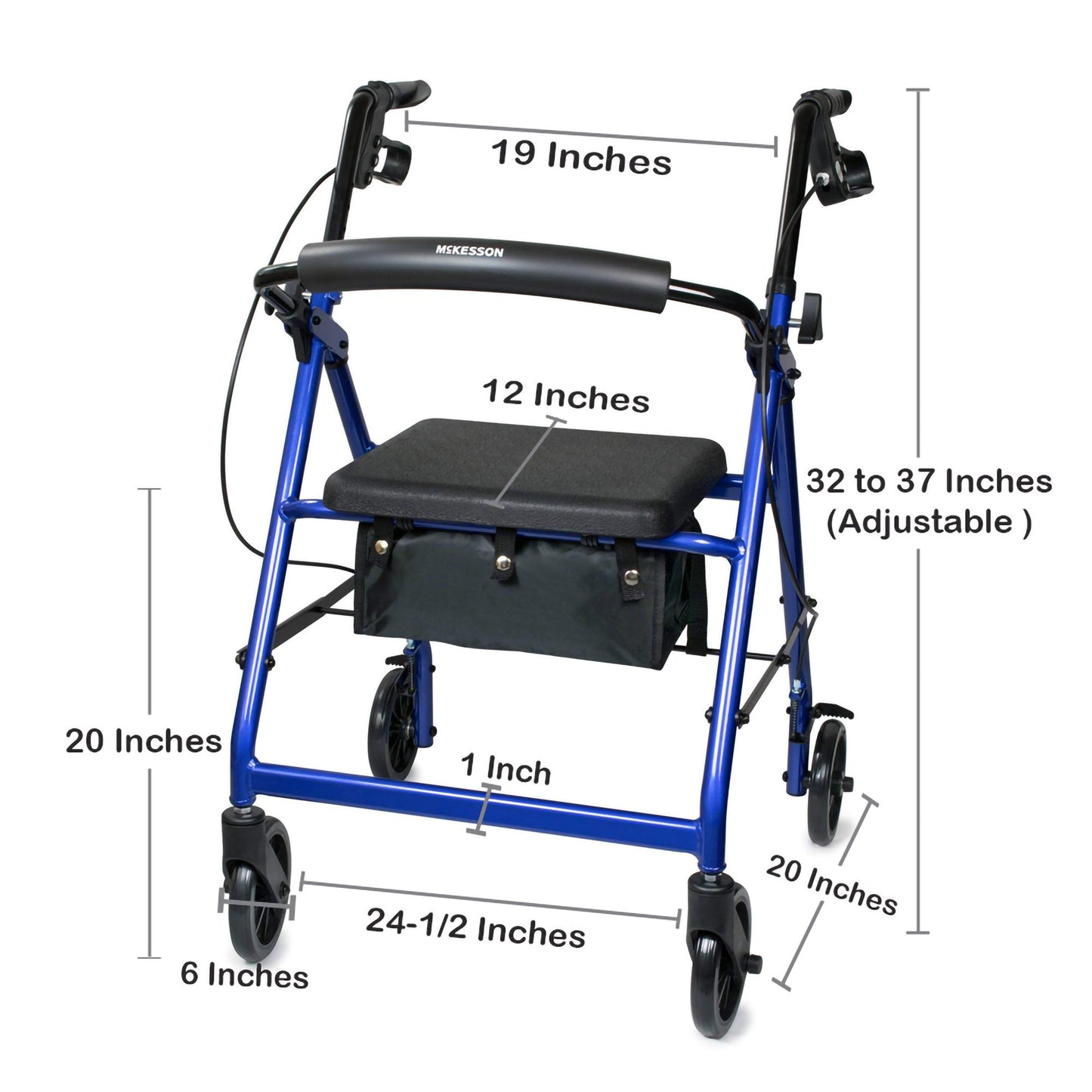 4 Wheel Rollator McKesson Blue Adjustable Height / Folding Aluminum Frame