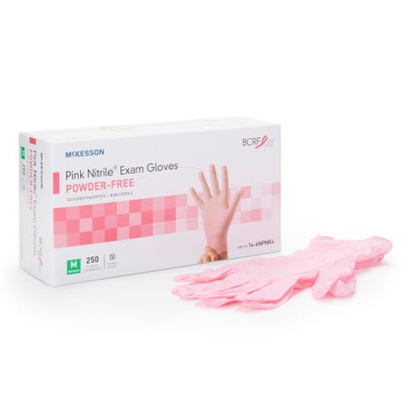 McKesson Pink Nitrile Exam Gloves Medium NonSterile Pink Textured Fingertips Standard Cuff Length 250 per Box
