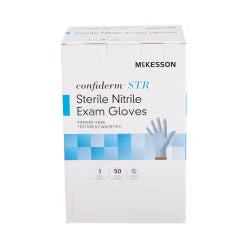 McKesson Confiderm STR Nitrile Exam Gloves Medium Sterile Pair Blue Textured Fingertips Standard Cuff Length 50 Pairs per Box