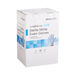 McKesson Confiderm STR Nitrile Exam Gloves Medium Sterile Pair Blue Textured Fingertips Standard Cuff Length 50 Pairs per Box