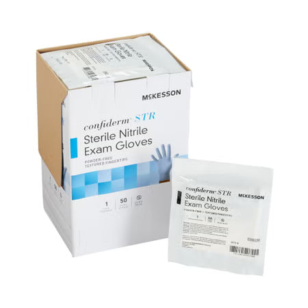 McKesson Confiderm STR Nitrile Exam Gloves Medium Sterile Pair Blue Textured Fingertips Standard Cuff Length 50 Pairs per Box