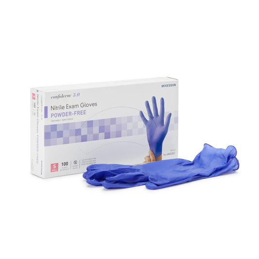 McKesson Confiderm 3.0 Nitrile Exam Gloves Small NonSterile Blue Textured Fingertips Chemo Tested 100 per Box