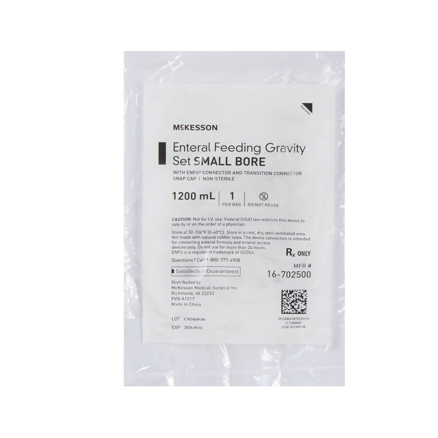 Gravity Feeding Bag Set with ENFit™ Connector McKesson 1200 mL