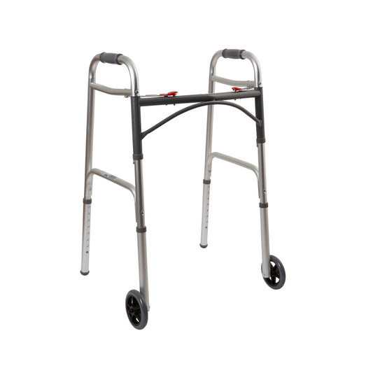 Dual Release Folding Walker with Wheels Adjustable Height McKesson Aluminum Frame 350 lbs. Weight Capacity 32 to 39 Inch Height