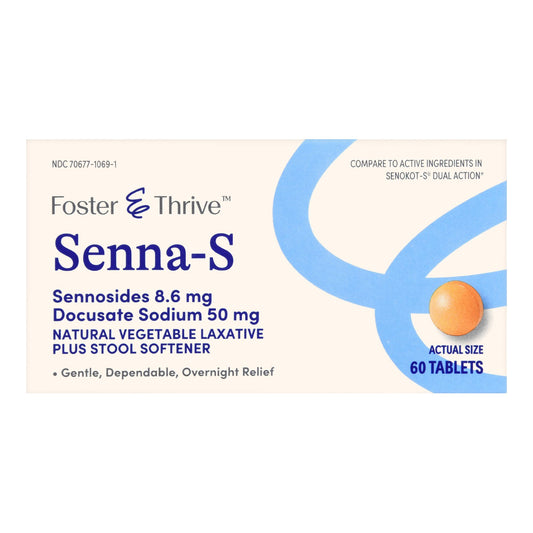 Stool Softener Foster & Thrive Tablet 60 per Bottle 50 mg - 8.6 mg Strength Docusate Sodium / Calcium Sennosides