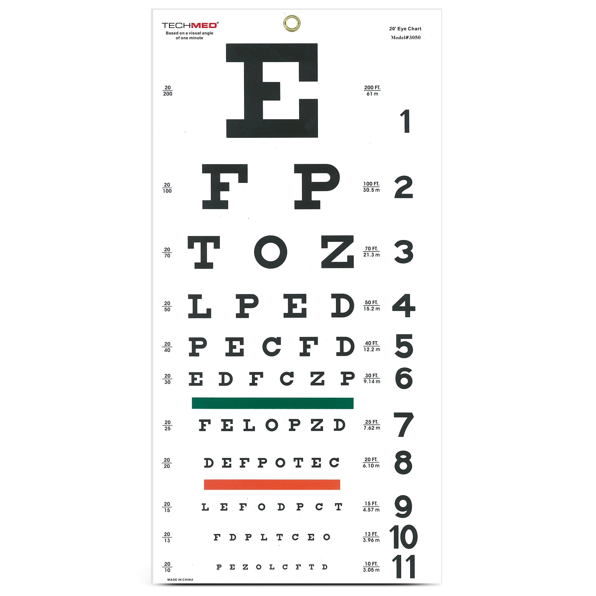 Tech-Med® Snellen Eye Test Chart, Wall Mounted, Matte Finish, 11 x 22 ...