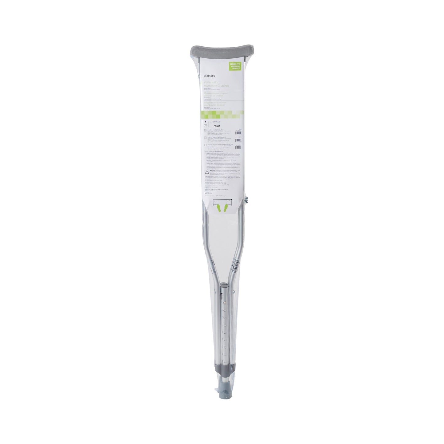 Underarm Crutches McKesson Adult 5 Foot 2 Inch to 5 Foot 10 Inch User Height Aluminum Frame 350 lbs. Weight Capacity