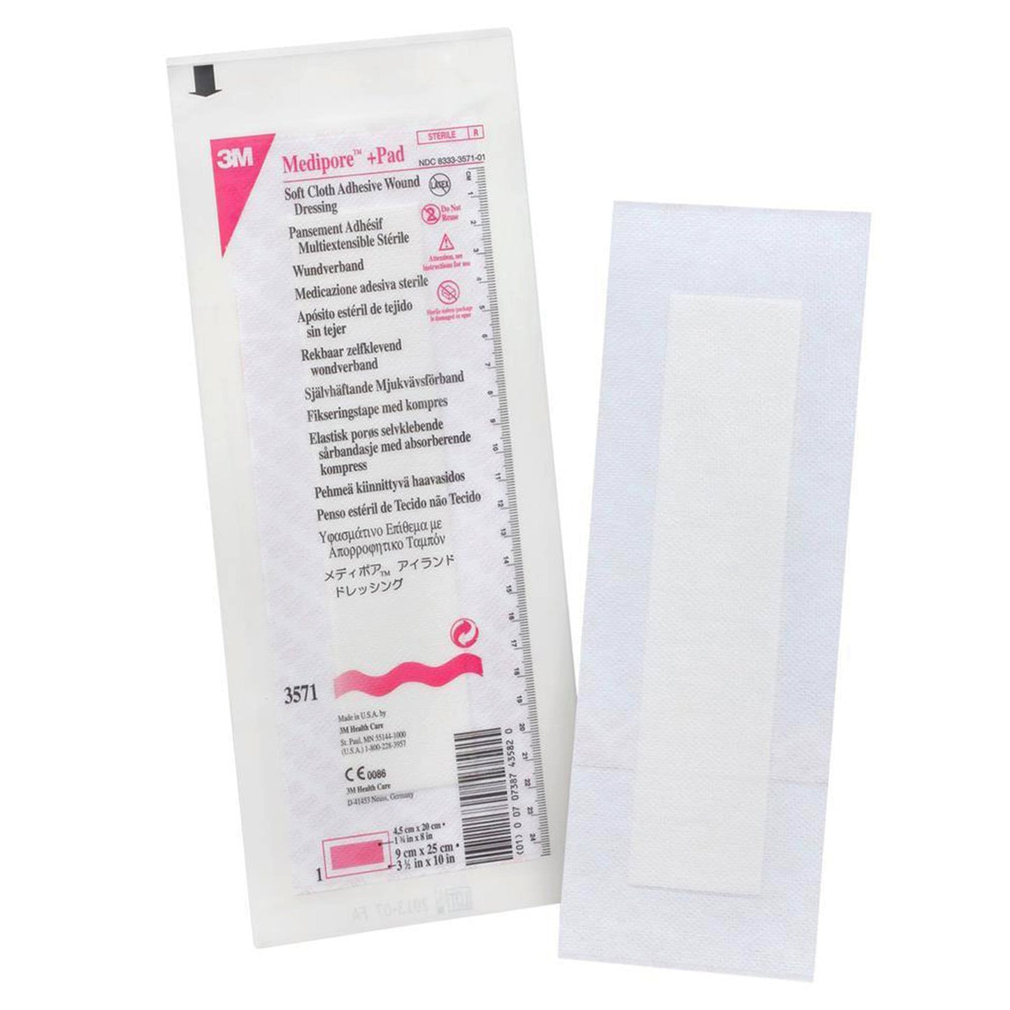 3M™ Medipore™ + Pad Soft Cloth Adhesive Dressing, 3.5 x 10 Inch