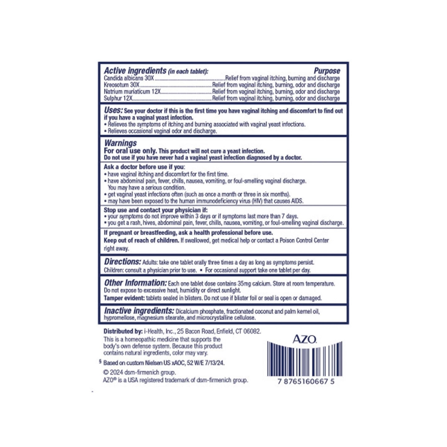 PAIN RELIEF, TAB AZO YEAST (60/BX 24BX/CS)