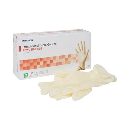 McKesson Stretch Vinyl Exam Gloves Medium NonSterile Ivory Smooth Standard Cuff Length 100 per Box