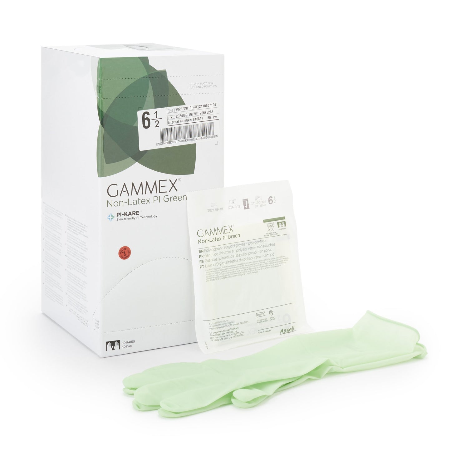 Gammex® Non-Latex PI Green Polyisoprene Surgical Glove, Size 6.5, Light Green