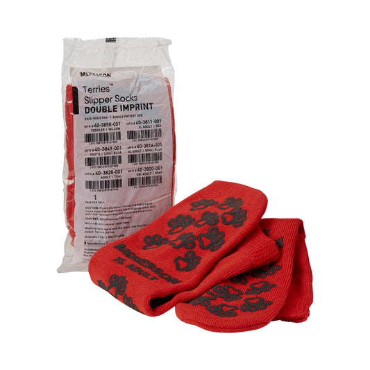 Slipper Socks McKesson Terries Unisex Adult X-Large Double Tread Single Patient Use Red