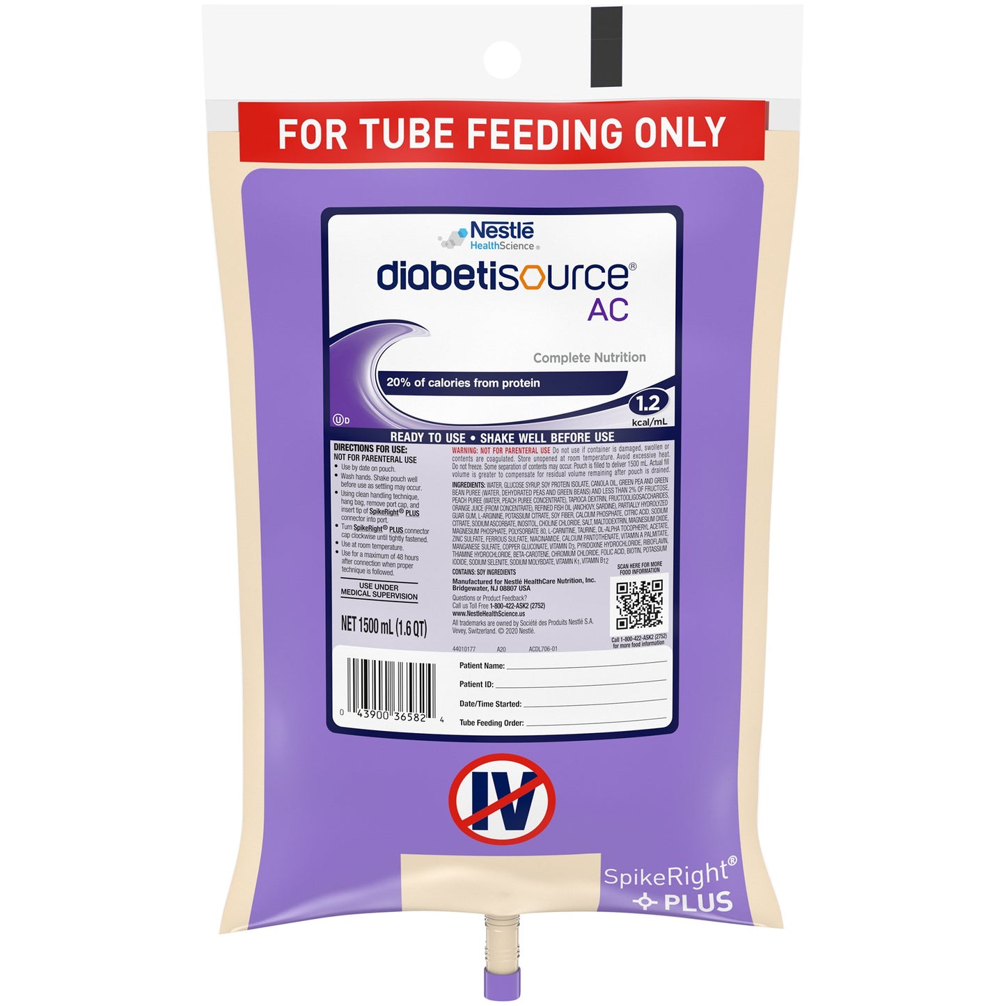 Diabetisource® AC Tube Feeding Formula, 1.5 L Ready to Hang Prefilled Container