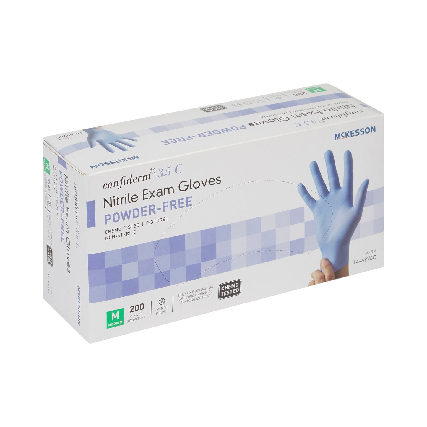 Exam Glove McKesson Confiderm® 3.5C Medium NonSterile Nitrile Standard Cuff Length Textured Fingertips Blue Chemo Tested