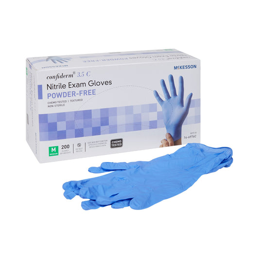 Exam Glove McKesson Confiderm® 3.5C Medium NonSterile Nitrile Standard Cuff Length Textured Fingertips Blue Chemo Tested