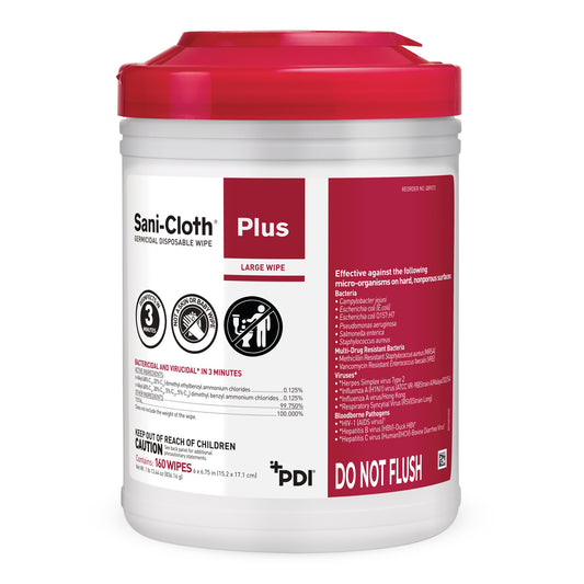Sani-Cloth® Plus Germicidal Wipe Disinfectant Cleaner, Canister, 6 x 6¾ Inch
