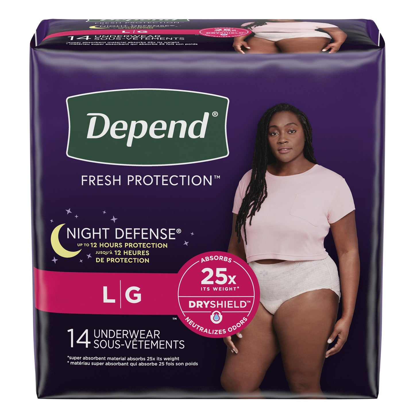 UNDERWEAR, INCONT DEPEND OVRNIGHT BLUSH FML LG (14/PK 4PK/C