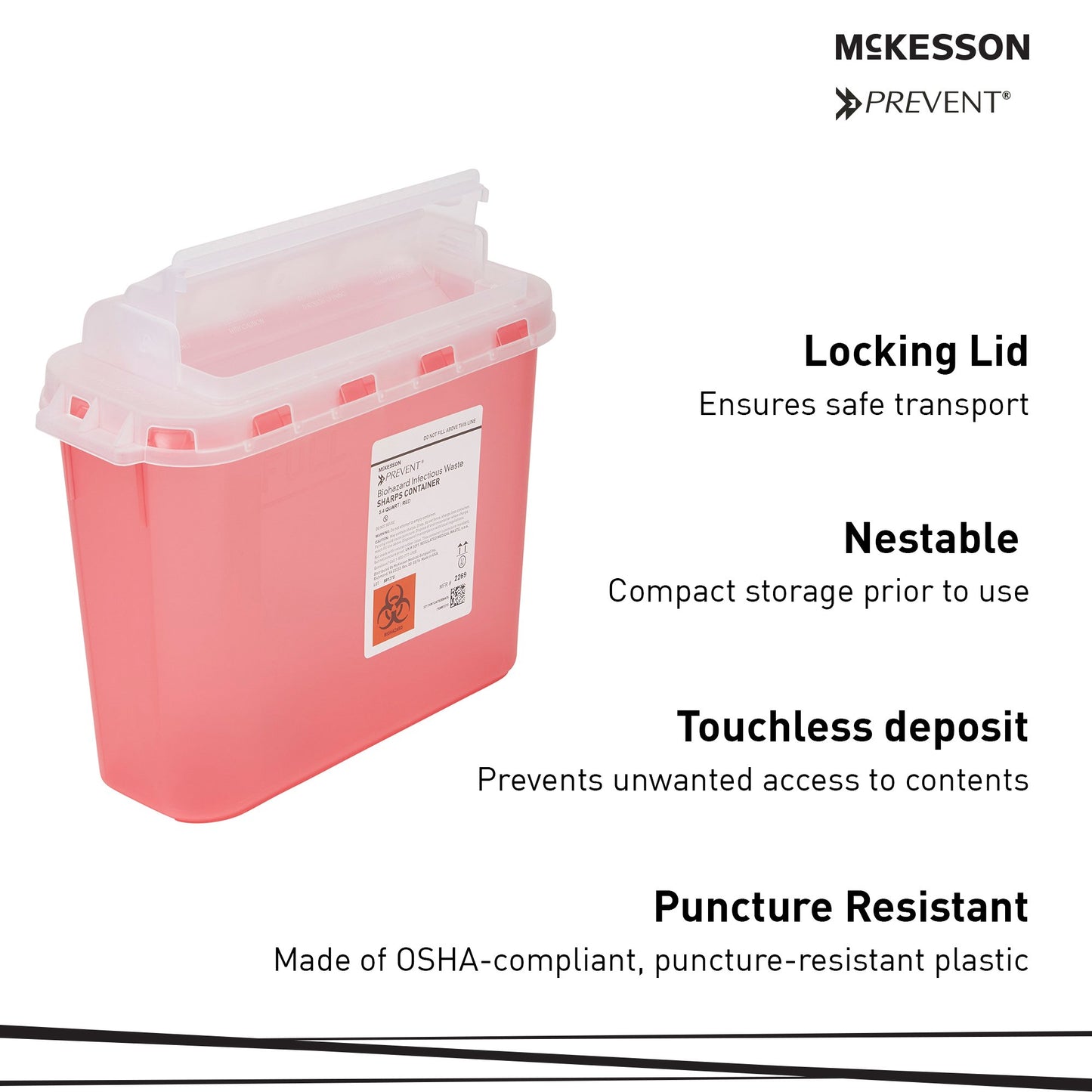 Sharps Container McKesson Prevent Red Base 11 H X 12 W X 4-3/4 D Inch Horizontal Entry 1.35 Gallon