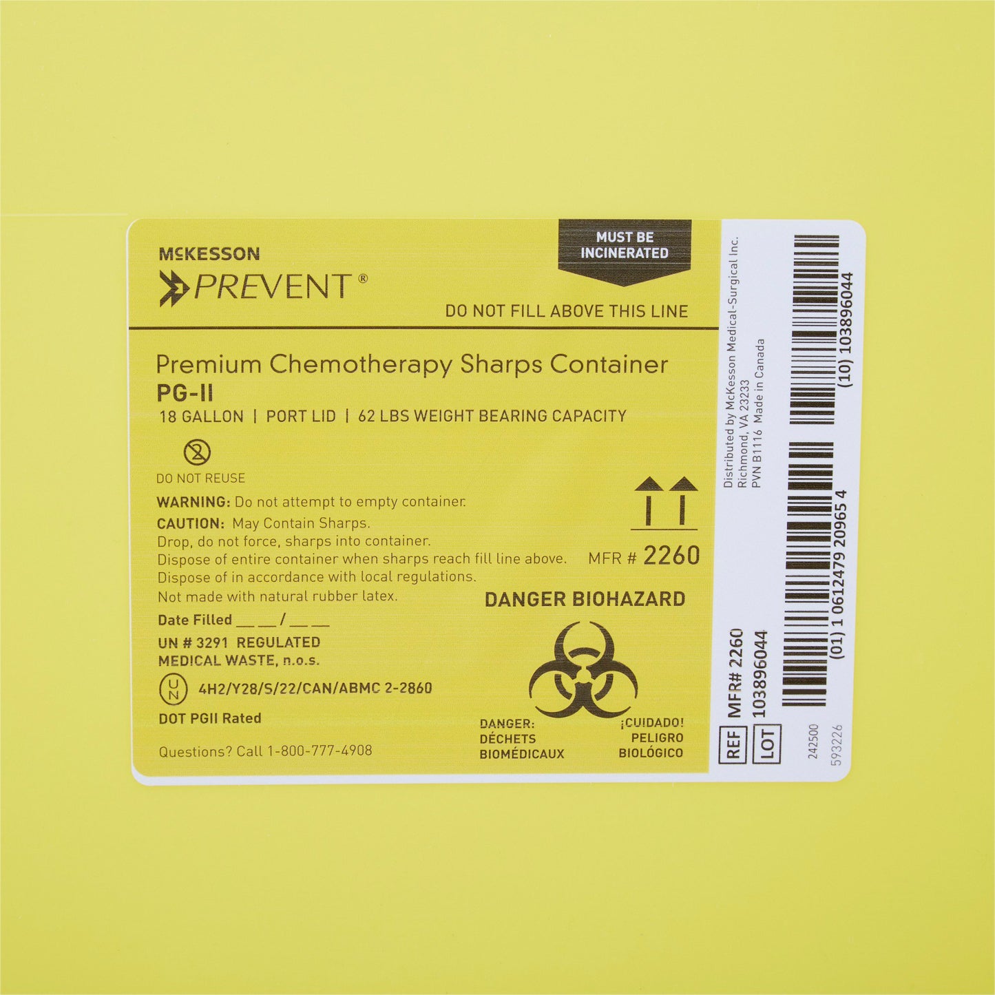 Chemotherapy Waste Container McKesson Prevent Yellow Base 24-3/5 H X 17-3/10 W X 13 L Inch Vertical Entry 18 Gallon