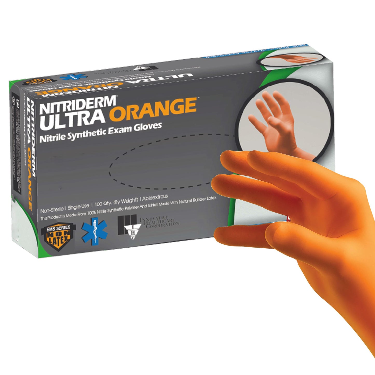 Exam Glove NitriDerm® Ultra Orange™ X-Large NonSterile Nitrile Standard Cuff Length Fully Textured Orange Chemo Tested / Fentanyl Tested